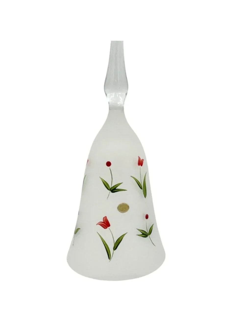 Hand Painted Frosted Glass Bell Red Tulips Green Leaves Made in Hungary 8.5